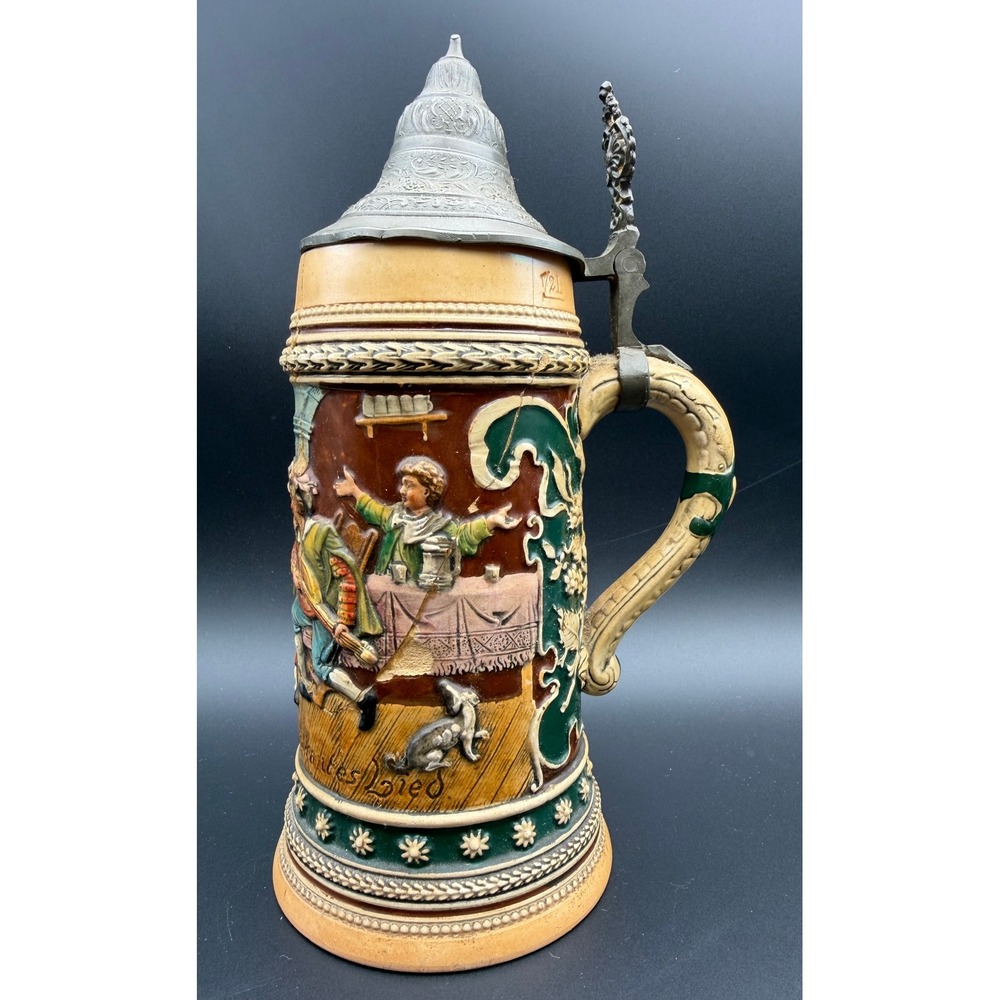 Antique German Beer Stein 0.5L Relief Scene Pewter Lid Stoneware 531